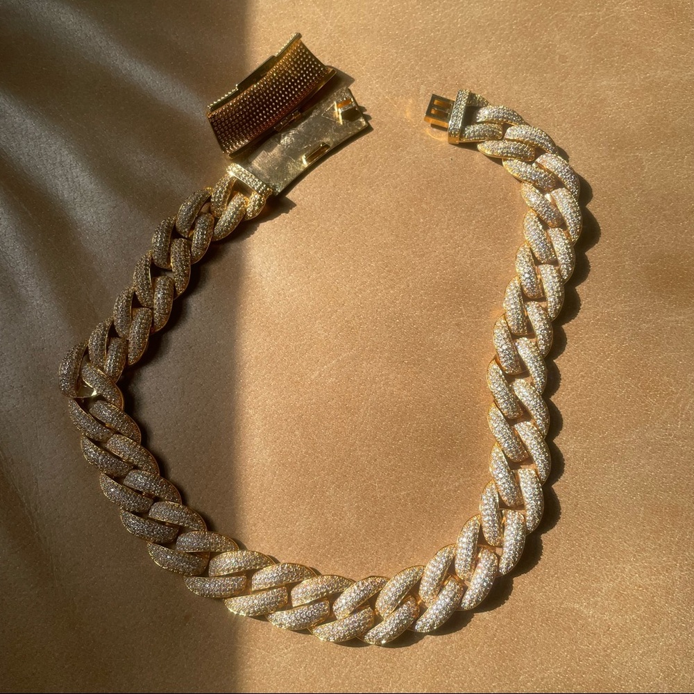 Pave rhinestone Cuban curb chain necklace statement gold white glam - Picture 4 of 7